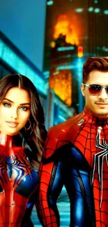 Dynamic superhero couple against cityscape wallpaper, vibrant and action-packed.