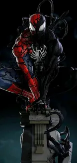 Dynamic superhero on pedestal with dark blue background.