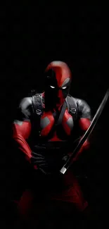 Superhero in red and black holding a sword on a dark background.