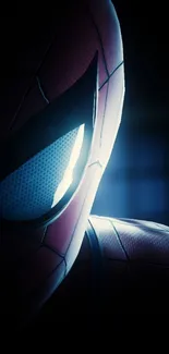 Close-up of superhero mask with dynamic lighting.