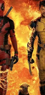 Superhero duo in fiery action scene wallpaper