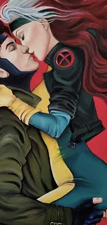 Dynamic superhero couple embracing in vibrant colors.