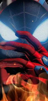 Superhero hand with red glove in vibrant phone wallpaper.