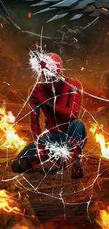 Superhero amidst flames with cracked glass effect.