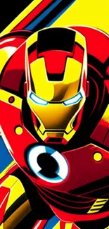 Bold and colorful Iron Man themed wallpaper with red and yellow hues.