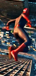 Superhero leaps across urban cityscape.