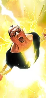 Superhero surges through electrifying yellow lightning on mobile wallpaper.