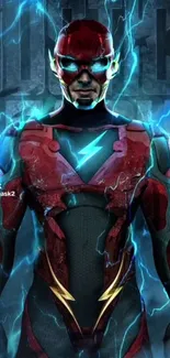 Superhero in red and blue lightning-themed suit on a mobile wallpaper.