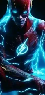 Superhero in red suit with blue lightning energy.