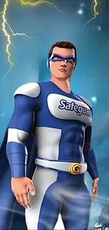 Animated superhero against a lightning backdrop.