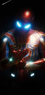 Dynamic superhero in a glowing suit with vivid LED lights on a dark background.