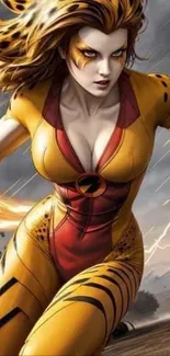 Fierce superheroine in vibrant yellow suit