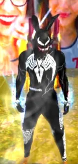 Hero in black suit with white patterns in dynamic setting.