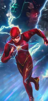 Energetic superhero in red suit with dynamic lightning background.