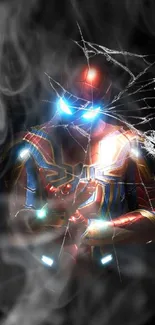 Superhero in dynamic pose with glowing effects on a dark background.