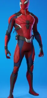 Superhero in red and blue suit on blue background.