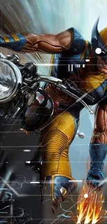 Superhero rides motorcycle in dynamic action wallpaper.