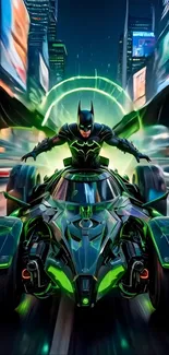 Superhero driving a neon-lit vehicle at night.