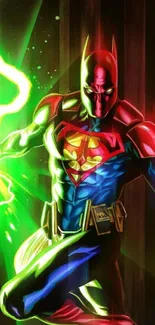 Superhero with neon energy in dynamic pose, vibrant art.