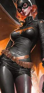 Illustrated superhero with orange and black attire in a powerful stance.