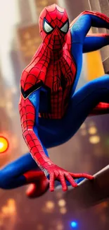 Dynamic superhero in red and blue suit on a cityscape background.