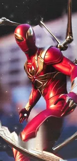 Dynamic superhero in red and gold armor on a vibrant phone wallpaper.