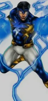 Superhero character with electric powers, charging with blue lightning.