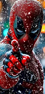Superhero in snow pointing forward, in vivid colors.