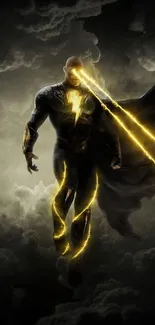 Superhero in a stormy sky with lightning energy.