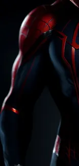 A mobile wallpaper with a dark-toned superhero suit in red and black.