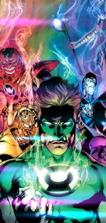 Dynamic superhero team with vibrant colors and green energy glow.