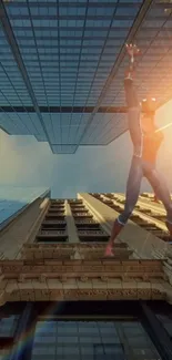 Superhero swings across city skyscrapers with sun flare.