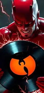 Superhero in red holding vinyl with electric energy.