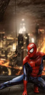 Superhero posing with urban cityscape background at night.