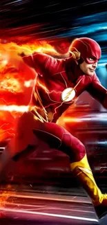 Superhero in red suit running with fiery trail in dynamic wallpaper.