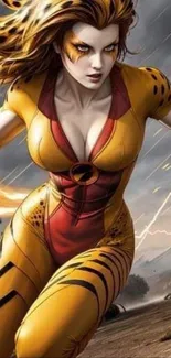 Vibrant yellow and red superhero female in action pose.