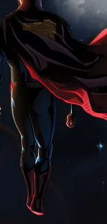 Heroic silhouette against starry night sky with vivid cape.