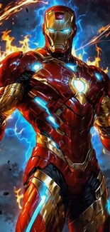 Vibrant superhero with fiery aura background.