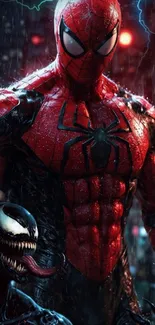 Dynamic superhero battling in the rain, showcasing vivid colors and intense action.