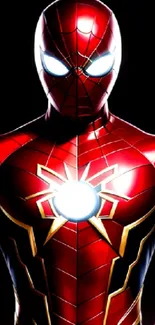 Dynamic superhero in vivid red costume with glowing accents.