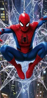 Superhero in action web-slinging over a cityscape at night.