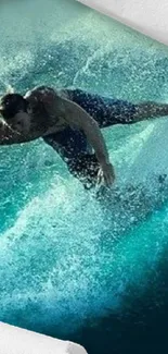 Surfer riding a dynamic wave on a vibrant ocean backdrop.