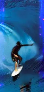 Surfer riding a blue wave with vibrant colors on a mobile wallpaper.