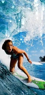 Surfer riding a dramatic ocean wave, showcasing dynamic movement.