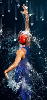 Swimmer with stars in water on bold navy background.