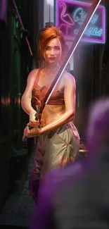 Female warrior with a sword standing in a neon-lit alley at night.