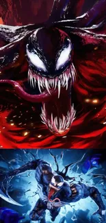 Action-packed symbiote duo mobile wallpaper with vibrant colors and dynamic design.