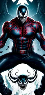 Dynamic symbiote character in dark tones with vivid accents on mobile wallpaper.