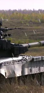 Tank in a rugged landscape under a vibrant sky.