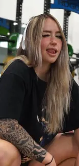 Tattooed person with headphones in gym setting.